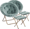 Magshion Folding Saucer Chair for Adults with Ottoman Circle Reading Chair for Bedroom Living Room &amp Dorm Furry Comfy Accent Seat with Metal Leg &amp Thick Padded for Small Spaces (Teal 2 Pac