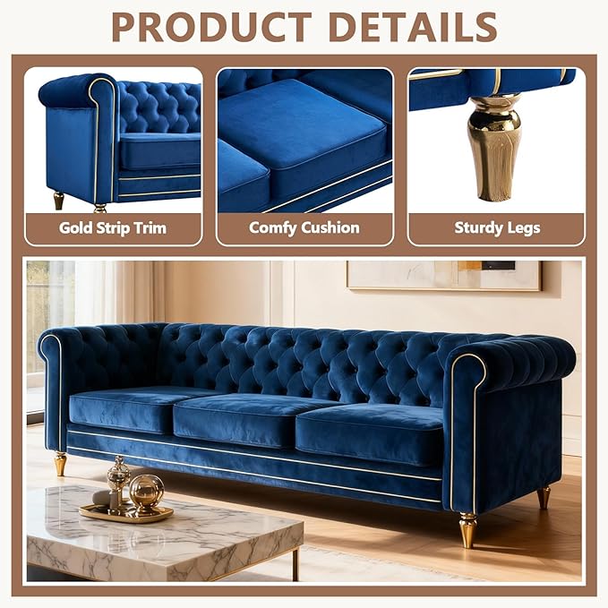 84 Velvet Sofa with Gold Legs Luxury Tufted Couch for Living Room Chesterfield Sofa with Thick Cushion Wide Armrest High-Density Foam Gold Strip Trim (Blue)