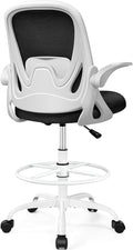 Drafting Chair Tall Office Chair with Flip-up Armrests Adjustable Height and Enhanced Lumbar Support - Ergonomic Rolling Stool Back Support and Adjustable Foot Rest Ring for Standing Desk White