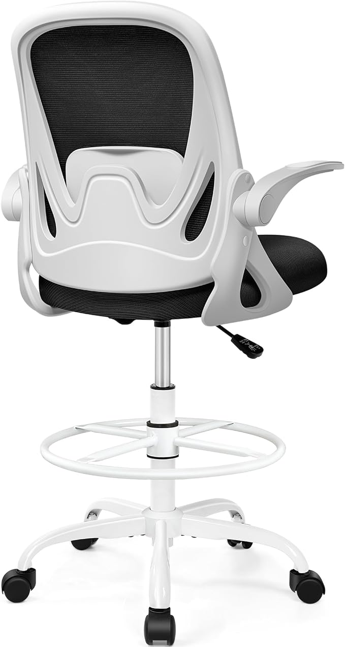 Drafting Chair Tall Office Chair with Flip-up Armrests Adjustable Height and Enhanced Lumbar Support - Ergonomic Rolling Stool Back Support and Adjustable Foot Rest Ring for Standing Desk White