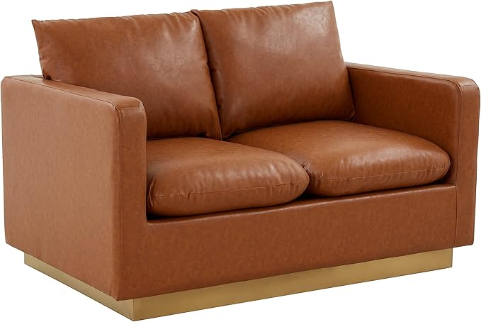 LeisureMod Nervo Modern Upholstered Leather Loveseat Sofa 2-Seater Living Room Couch with Gold Metal Base and Removable Cushions Small Space Furniture for Living Room Office Cognac Tan