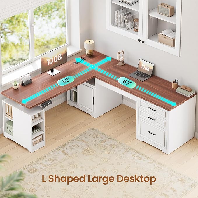 SEDETA Farmhouse L Shaped Electric Standing Desk 63 x 67 Height Adjustable Home Office Executive Desk with Drawers and Shelves Standing Computer Desks with Power Outlet for Home Office White