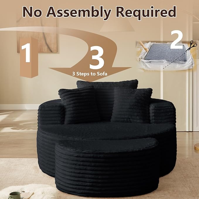 55''W Oversized Round Lounge Chair with Ottoman Modern Corduroy Accent Chair Upholstered Boneless Deep Seat for Living Room or Bedroom No Assembly Required (Corduroy Black)