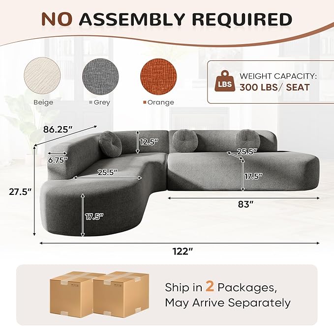 122'' Curved Sectional Cloud Sofa Modern L Shaped Couch with Chaise &amp Pillows Comfy Upholstered Deep Seat Compression Boneless Sofa for Living Room Apatment Office No Assembly Required Grey