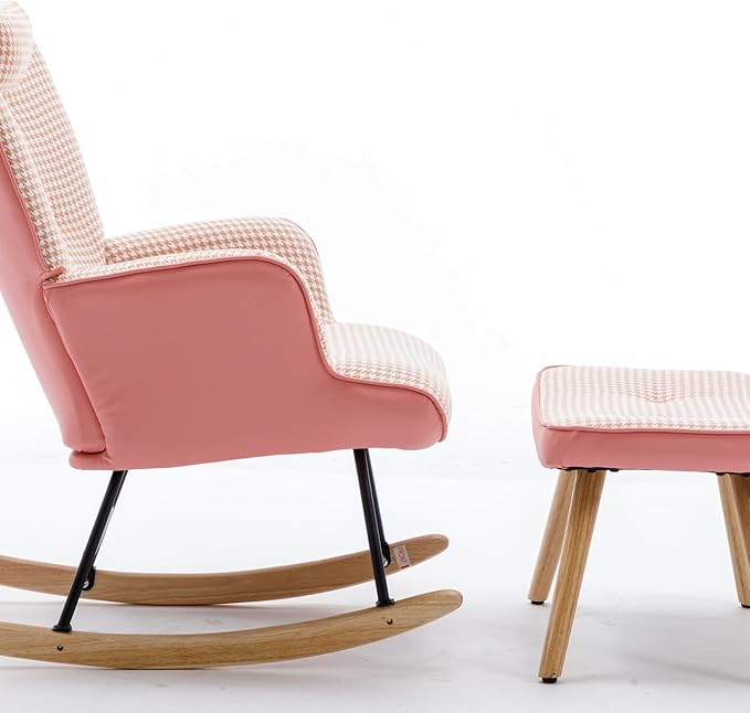 35.5 inch Rocking Chair Soft Houndstooth Fabric Leather Fabric Rocking Chair for Nursery Comfy Wingback Glider Rocker with Safe Solid Wood Base for Living Room Bedroom Balcony (Pink)
