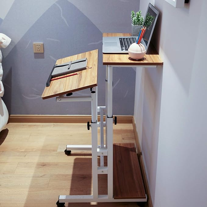 Mobile Standing Desk Adjustable Computer Desk Rolling Laptop Cart on Wheels for Home Office Tall Table for Standing or Sitting Portable Laptop Stand for Small Spaces Oak