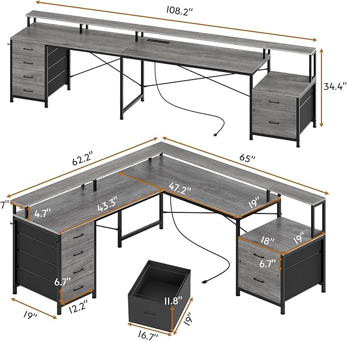SEDETA L Shaped Desk with 6 Drawer 108 Home Office Desk with File Drawer &amp Power Outlet Corner Computer Desk with Monitor Shelf Two Person Desk Gaming Desk with Led Lights Grey