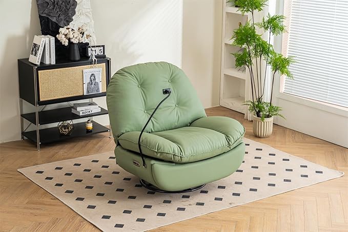 Power Recliner Sofa Chair 270 Degree Swivel Leisure Single Sofa with Button Control Wireless Speaker USB Ports Hidden Arm Storage and Phone Holder for Living Room Bedroom Green PU (Without LED)