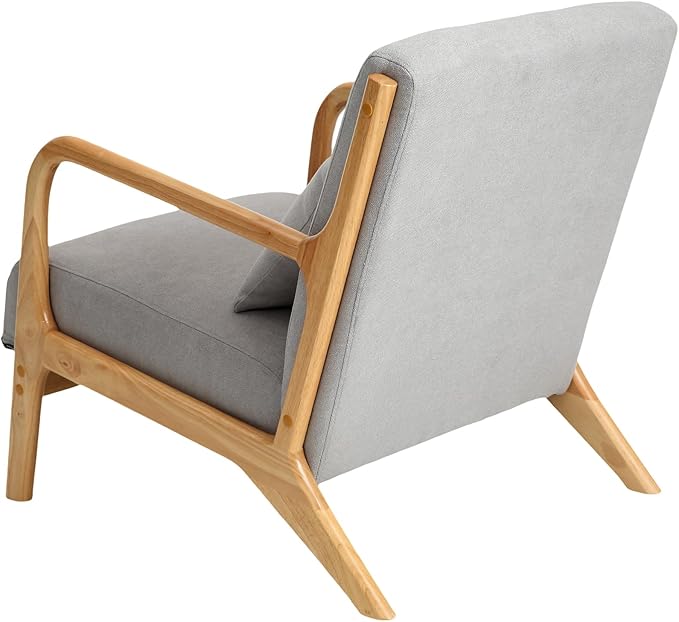 Mid Century Modern Accent Chair with Wood Frame Living Room Chairs with Waist Cushion Bedroom Chair with Arm for Reading (Grey)