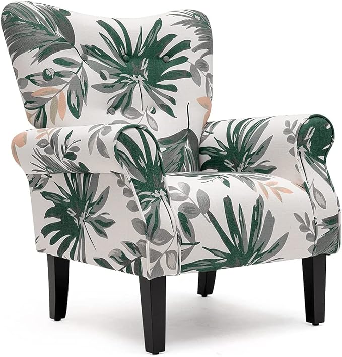 MELLCOM Mid Century Wingback Arm ChairModern Upholstered Fabric High Back Accent Chair with Wood LegsUpholstered Single Sofa Club Chair for Living Room Bedroom Home Office Green Leaves