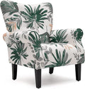 MELLCOM Mid Century Wingback Arm ChairModern Upholstered Fabric High Back Accent Chair with Wood LegsUpholstered Single Sofa Club Chair for Living Room Bedroom Home Office Green Leaves