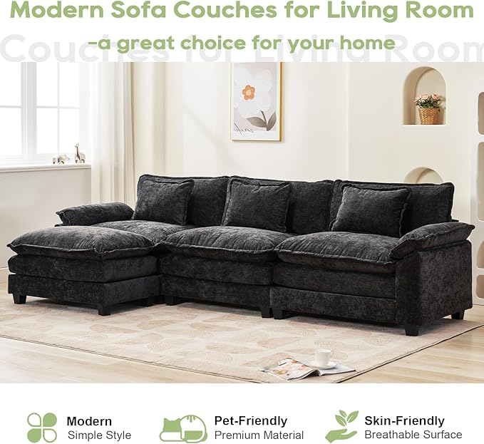 120 Modular Sectional Sofa Comfy Cloud Couch Sectional Sofa with Ottoman Chenille Sofa Sleeper Deep Seat Sofa with Throw Pillows for Living Room (Black 120- L Shape)