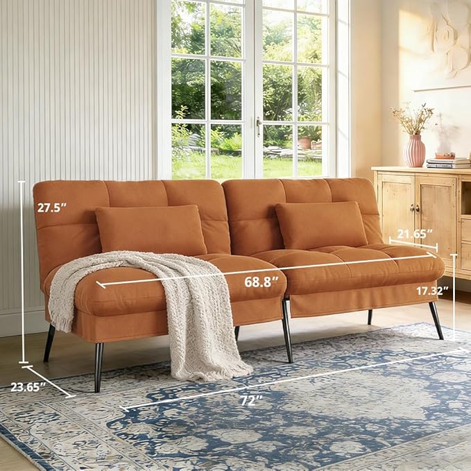 COMHOMA 72″Futon Sofa BedModern Convertible Sleeper Sofa Fabric Futon Couch with Multi-Position Backrest for Living Room Furniture (Brown)