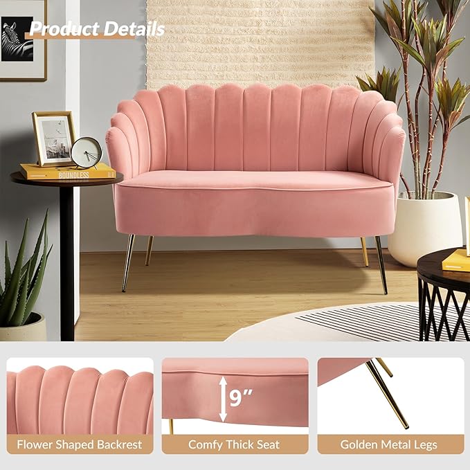 Velvet Upholstered Loveseat Sofa with Gold Metal Legs Modern Comfy Small Love Seat with Flower Shaped Back 2-Seater Sofa Accent Couch for Living Bedroom Leisure Areas