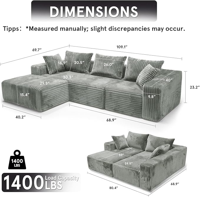 Sytopia 109 L-Shaped Cloud Couch Modular Sectional Sofa with Deep Seat for Living Room Bedroom Modern Floor Couch Corduroy Comfy Sleeper Futon Sofa Bed 40D Foam Furniture Left Facing