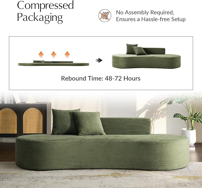 HULALA HOME 94.5 Curved Boneless Couch with Two Pillows Oversized 3 Seater Compressed Foam Sofa with Deep Seat Modern Cloud Couch for Living Room No Assembly Required Green
