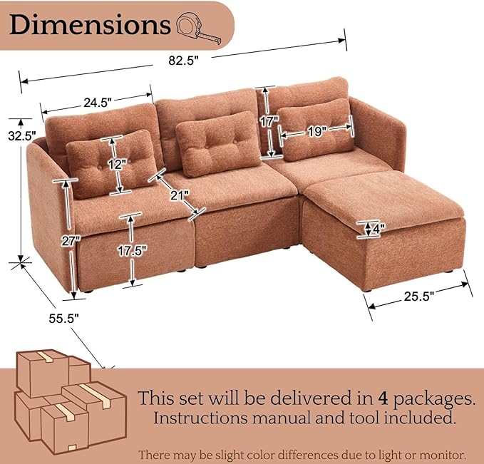 LukeAlon L Shaped Modular Sectional Sofa Couch with Ottoman Modern 3 Seater Chenille Sofa Set with Pillow 82.5 Upholstered Lounge Sleeper Sofa Couch for Living Room Apartment Office Light Brown