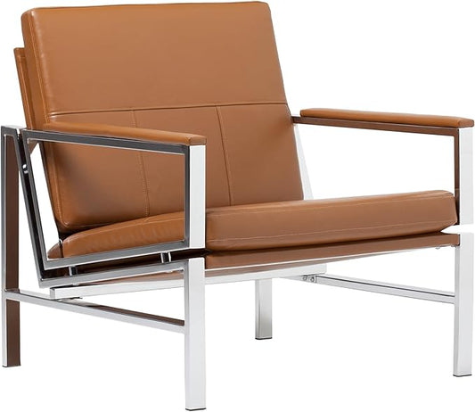 Studio Designs Atlas Modern Accent Chair with Padded Armrests - 29.5 W x 32 D x 33 H - Armchair for Home or Office - Caramel Brown Bonded Leather Fabric and Chrome Legs