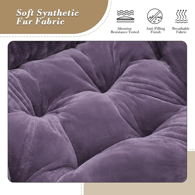 Athena Collection Comfy Saucer Chair and Ottoman Set for Adult Comfortable Faux Fur Square Oversize Folding Reading Chair with Metal Leg Lazy and Cozy for Bedroom Living Room Purple