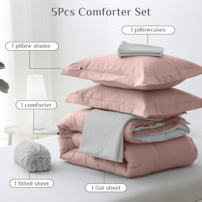 JOLLYVOGUE Twin XL Comforter Set Ultra-Soft Bed in a Bag Twin XL Size 5 Pieces Oeko-TEX Certified Bedding Set with Down Alternative Comforter Sheets Pillowcases &amp Shams Pink &amp Light Grey