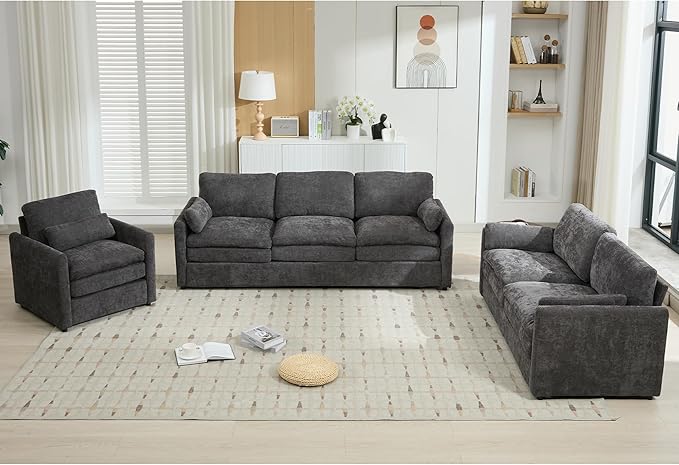 3-Piece Cozy Upholstered Sofa Set Upholstered Sofa Set with Single Sofa Loveseat and 3-Seater Sofa Oversized Comfy Cloud Sofa for Living Room Office Apartment (Grey-4c)