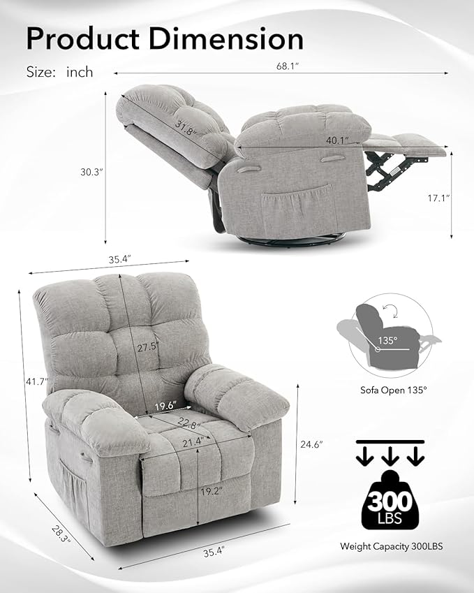 Oversized Swivel Rocker Recliner Chair for Adult360° Swivel Rock Recliner Extra Wide Manual Recliners Chenille Upholstery Overstuffed Soft Rocking Sofa ChairGray