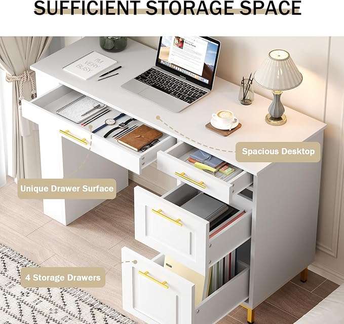 4 EVER WINNER White Desk with Drawers and Power Outlet 48 Inch Small Desks with Storage Golden Handle Girls Desk with 4 Storage Writing Table for Small Spaces White and Gold Desks