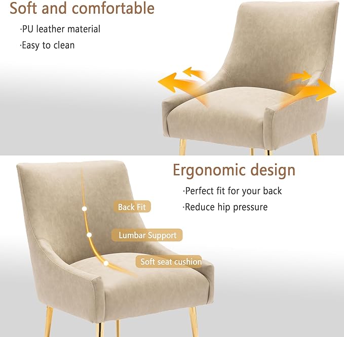 Dining Room Chair Faux Leather Vanity Chairs Set of 2 Mid-Century with Metal Legs Upholstered PU Leather Luxury Accent Chairs Living Room Restaurant(Dark Apricot)