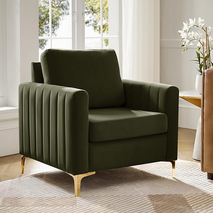 Modern Upholstered Velvet Accent Chair Velvet Armchair Club Chair with Gold Metal Legs Mid-Century Barrel Leisure Comfy Reading Chair for Livingroom Bedroom