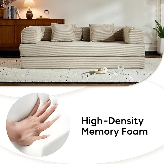 Convertible Boneless Lounge Couch Comfy Floor Sofa Bed for Bedroom Corduroy Floor Sofa with Armrest Floor Couch Bed for Living Beige