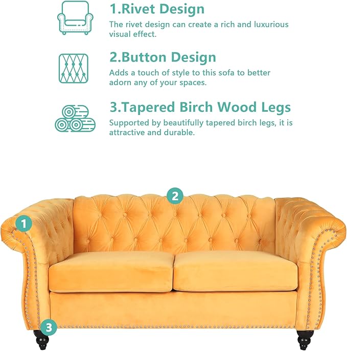 AVZEAR Chesterfield Loveseat Modern Velvet Sofa Tufted Couch 2 Seater with Scroll Arms and Nailhead for Living Room Bedroom Office Apartment Yellow