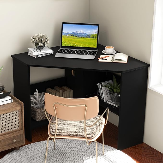 Small Corner Desk Space-Saving Corner Workstation with Storage Shelves &amp CPU Stand 90 Degree Triangle Makeup Vanity Desk Wood Corner Computer Desk for Small Space (Black)