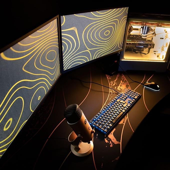 Arozzi Arena Special Edition Ultrawide Curved Gaming and Office Desk with Full Surface Water Resistant Desk Mat Custom Monitor Mount Cable Management Cut Outs - Black Gold