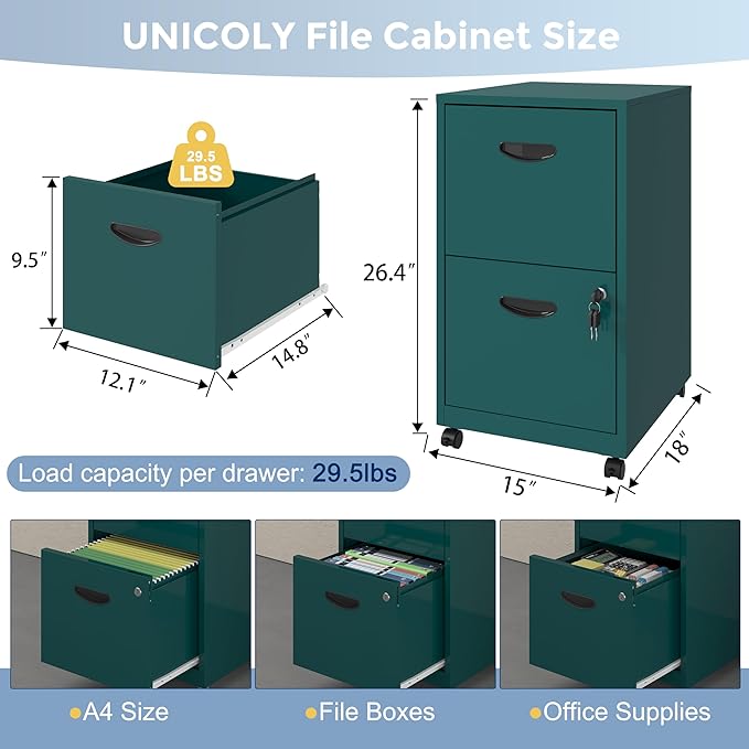 2 Drawer File Cabinet with Lock Filing Cabinets with Wheels Rolling File Cabinets for Home Office Metal Office File Cabinet Mobile Filing Cabinet for Holding Letters and File Boxes Green