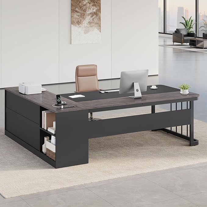 71 Executive Desk Large Office Desk with Drawers &amp Storage Shelves Modern L Shaped Computer Desk Corner Desk with Power Outlets File Cabinet Business Furniture Desk Workstation (Grey)