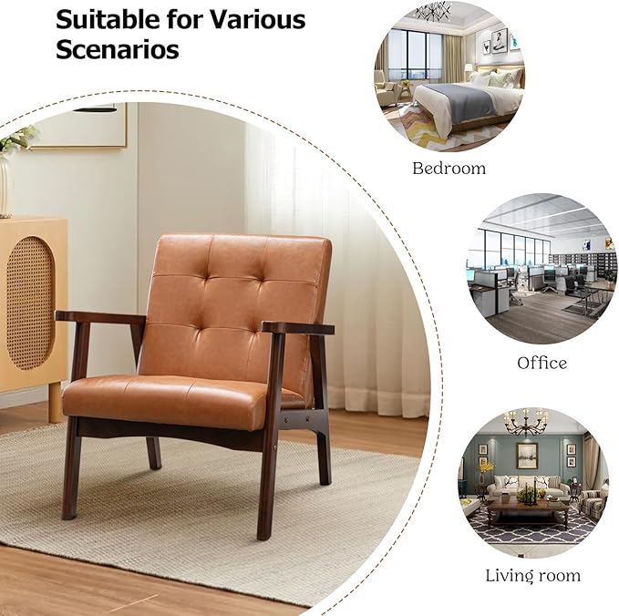 Accent Chair Mid Century Modern Chair for Living Room Comfy Faux Leather Armchair with Solid Wood Frame Soft Thick Padded Side Chairs Easy Assembly Set of 2 Brown