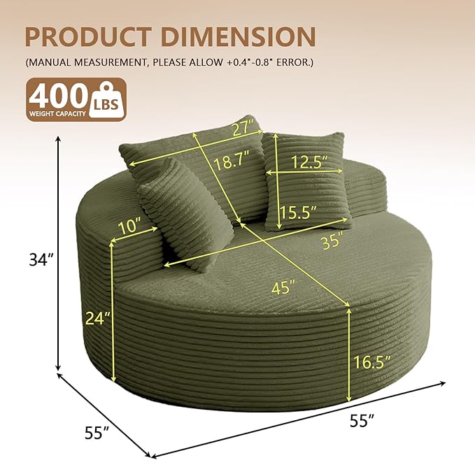 Oversized Round Chair Lounge Chaise Indoor Upholstered Corduroy Deep Seat Cloud Large Circle Sofa Chair No Assembly Required Fluffy Modern Sleeper Sofa Bed for Reading Living Room Light Green