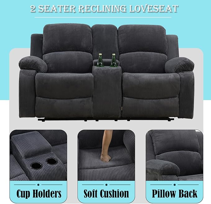 Recliner LoveseatFabric Reclining Sofa Set with Double Recliners for Living Room SetDark Gray Loveseat with Storage/Cup Holders for Living Room/Theater Seating/Rv Seating(2 Seater Couch)