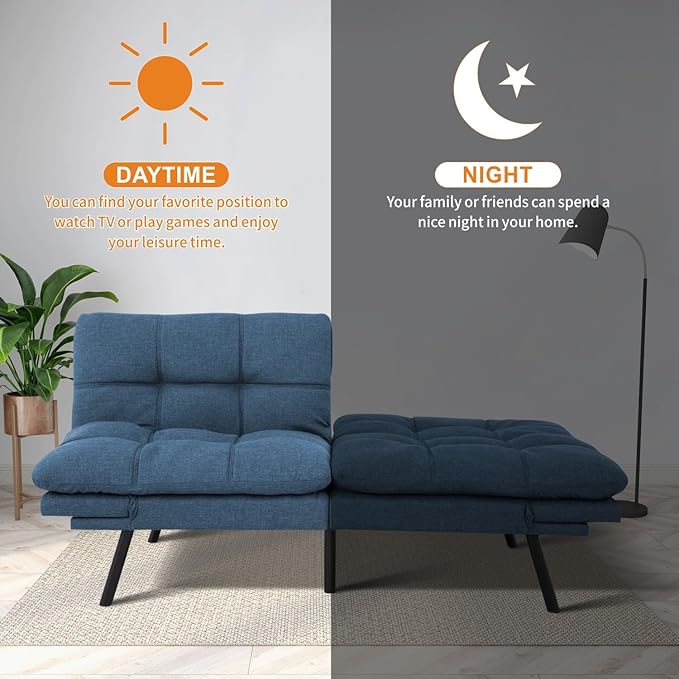 MUUEGM 71-Inch Convertible Futon Sofa Bed with Adjustable Backrest &amp Removable Armrests Foldable Sleeper Loveseat for Small Space Living Room Studio Apartment Home OfficeBlue