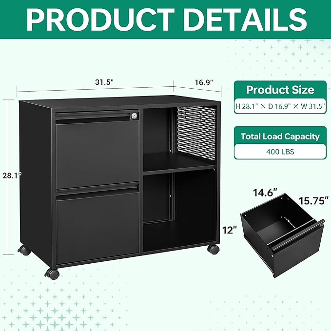 Letaya Mobile File Cabinet Metal Lateral Rolling Printer Stand Filing Cabinets with Shelves for Home Office-Storage A4/F4 (Black)