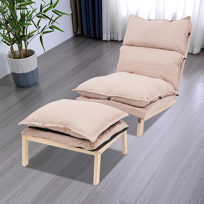 Single Lazy Leisure Chair Adjustable Recliner Balcony Reclining Japanese Tatami Chair with Ottoman Floor Seating Lounge Chair with Backrest and Footrest Upholstered Chair for Living Bedroom (Beige)