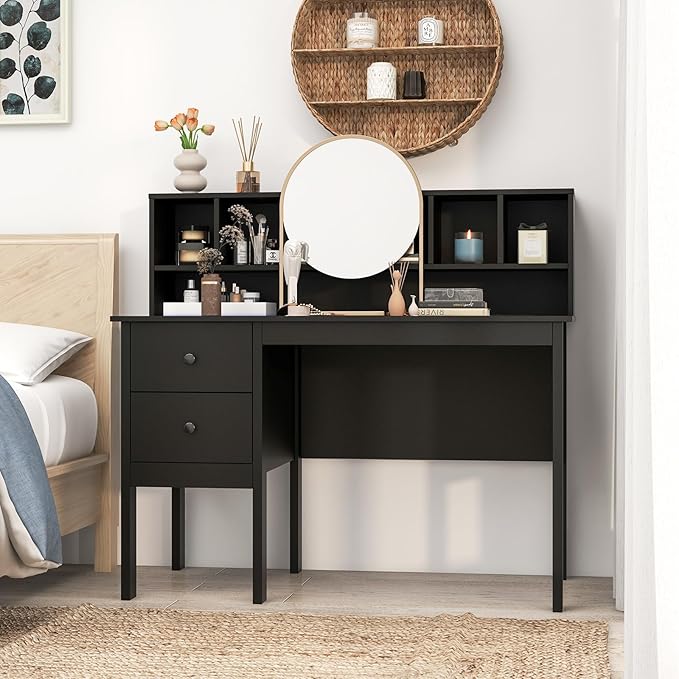 COSTWAY Writing Desk with USB Charging Ports &amp Power Outlets 48 Computer Desk with Drawers &amp 5-Cubby Hutch Study Table Computer Work Station for Home Office (Black)