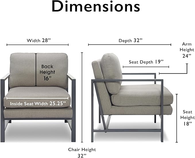 Tommy Hilfiger Russell AccentChair Medium-Soft Pillow Back Mid-Century Modern &amp Industrial Armchair Comfortable LoungeChair for Living Room Bedroom or Office Black Square Metal Frame in Gray