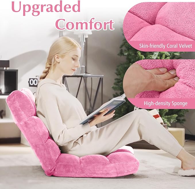 14-Position Floor Sofa Folding Gaming Sofa Chair Comfy Cushions &amp Study Steel Frame Angle Adjustable Sleeper Bed Couch Recliner (Pink)