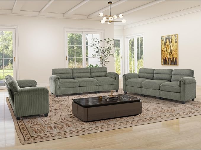 Corduroy Sofa Set Upholstered Loveseat Man and 3-Seater Couch Set of 2 with Plush Cushions and Rolled Arms Modern Living Room Furniture SetsGreen