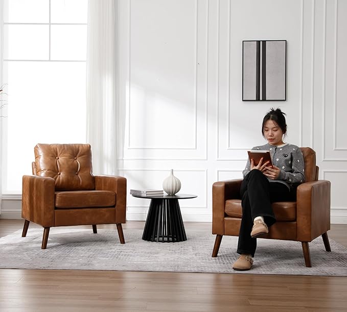 Brown Accent Chair Faux Leather Tufted Single Sofa Oversized Club Chair Armchair Mid Century Modern Armchair with Wood Legs for Reading/Living Room/Bedroom