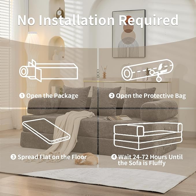 Convertible Sofa Bed 4-in-1 Floor Foldable Couch Bed with Armrests &amp Pillow Chenille Fabric No Assembly Required Comfy Memory Foam Couch Lounge Sofa for Living Room Grey