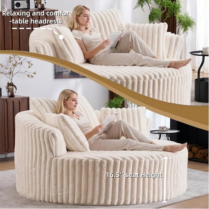 Oversized Upholstered Chaise Lounge Chair Indoor Corduroy Deep Seat Accent Chair Plush Boneless Barrel Sofa Chair for Living Room Bedroom Apartment (Beige 57 Inch)