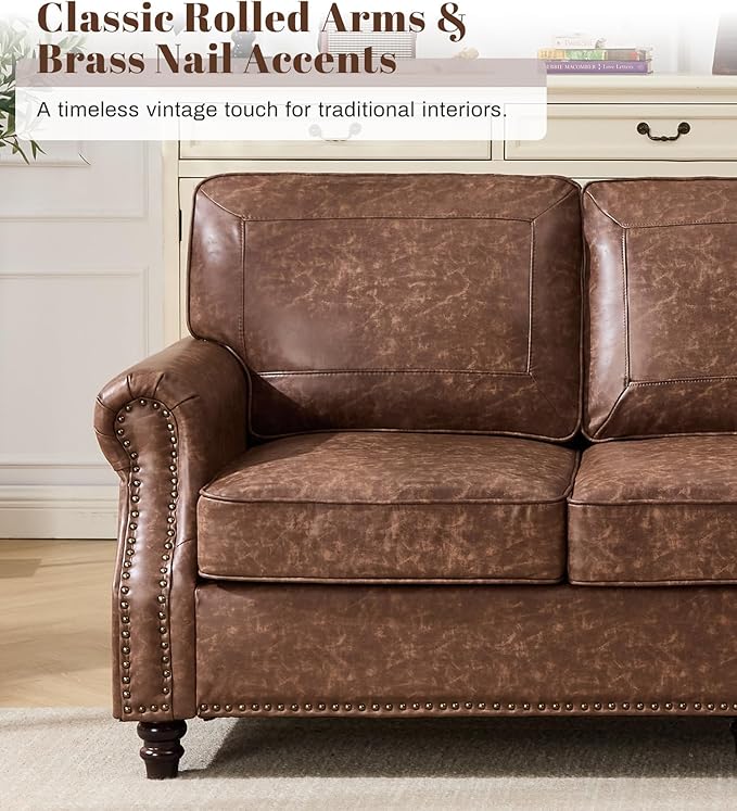 Kingfun Mid-Century Modern Couch Faux Leather Sofa Set 3 Seater Couch for Living Room with Rolled arms &amp Nailhead Trim Dark Brown