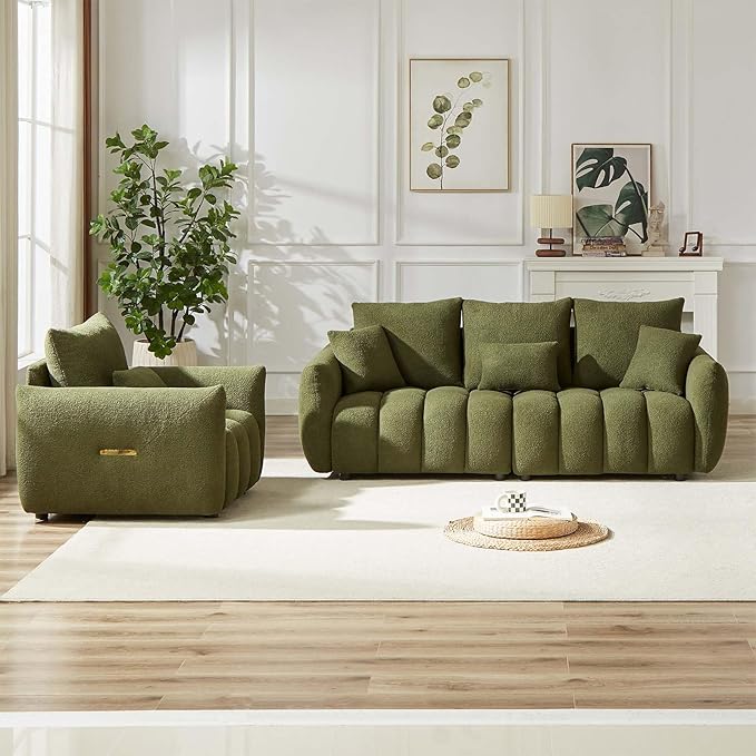 Antetek 35 Modern Accent Single Sofa Chair Comfy Deep Seat Teddy Living Room Chair Leisure Boucle Reading Sofa Arm Chair for Bedroom Office Apartment Green